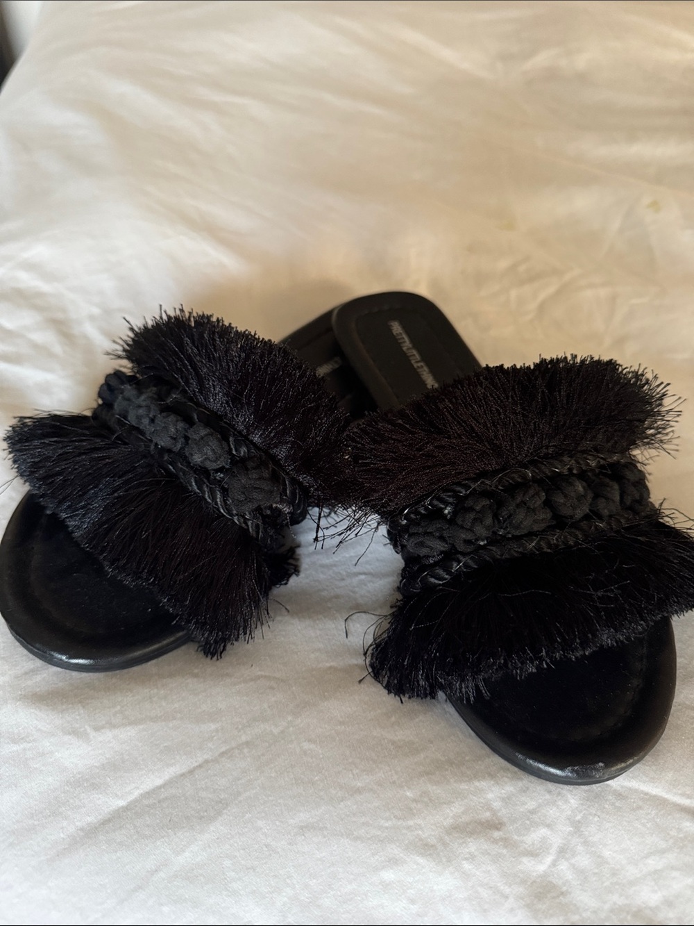 PrettyLittleThing Black Fringe Braided Slide Sandals 8